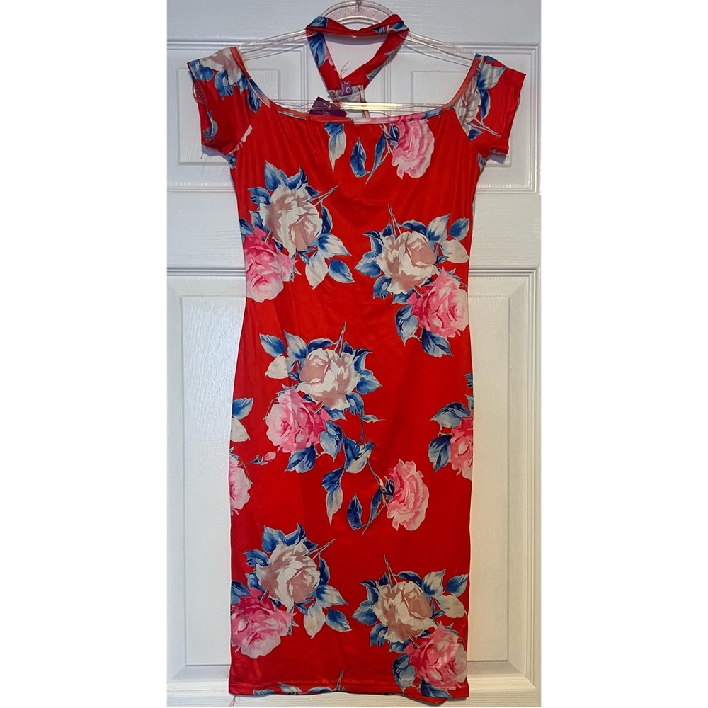Off shoulder choker red floral midi dress